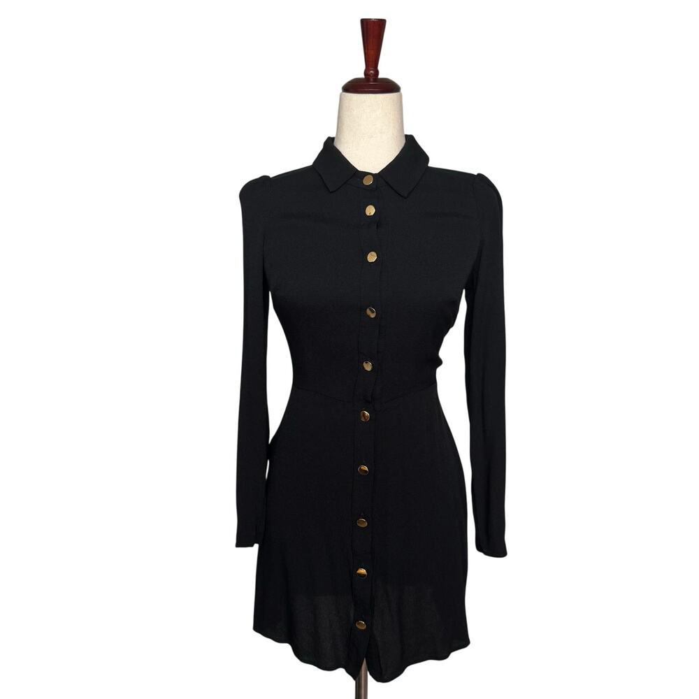 Reformation Hugh Dress Gold Button Down Long Sleeve‎ Mini Womens 2 Black Fitted